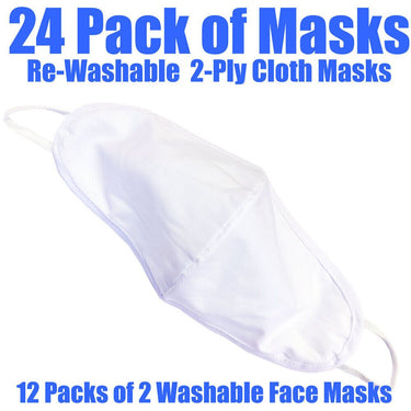 Cloth Ear Loop Face Masks - 2 Ply Comfortable Cotton - Rewashable up to 30X / 2 Masks per Pack X 12 Packs = 24 Masks