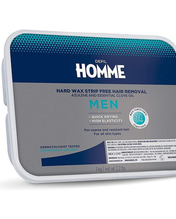 Depil Homme by Depil Bella Elastic Hard Wax - For Men - Azulene and Essential Clove Oil / 2.2 Lbs. - 1 Kilo X 6 Units = 13.2 Lbs. - 6 Kilos of Stripless Hard Wax