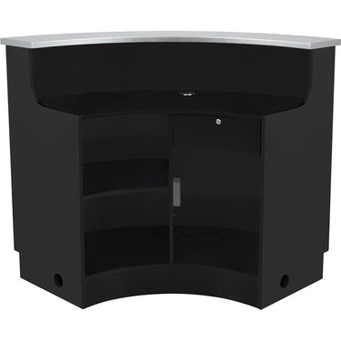 DIR Reception Desk Janus with LED Lighting - Curved L-Shaped - Mix and Match 1/4" Round Center Desk + Retail Display Cabinet(s) + Storage Cabinet(s) - Available in Silver/White or Silver/Black