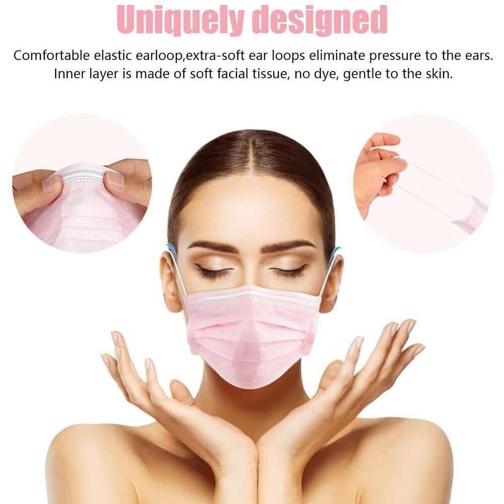 Pure Face Mask Disposable 3-Ply Earloop Face Masks - Pink / 100 Count MEGA Pack - Fas ...