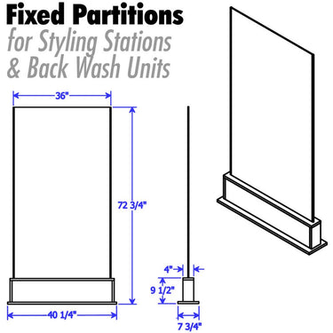 Fixed Partition (No Wheels) for Styling Stations & Back Wash with Clear or Frosted Acrylic + Choice of Laminates for Base / 36" Wide X 72.75" High (6.1 Feet High)