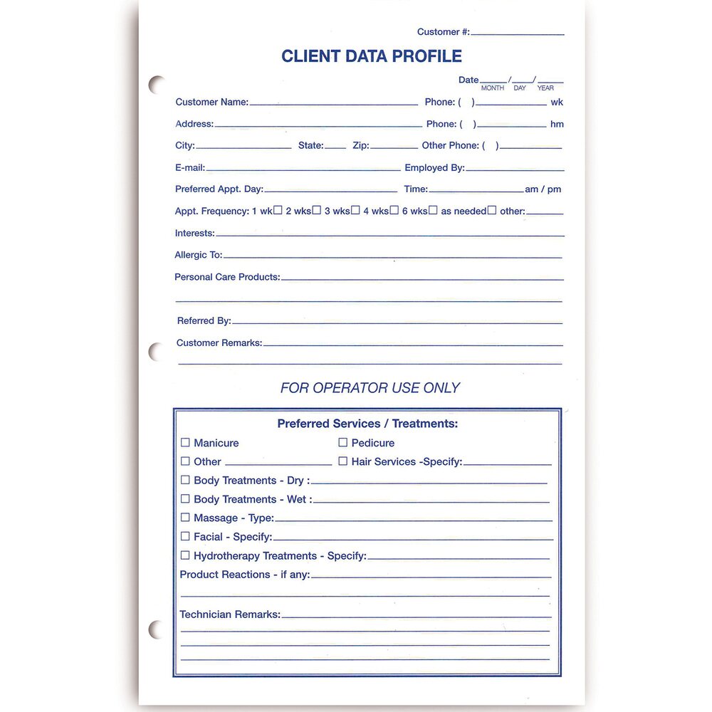 Client Development Card General Client Information Profile Cards / 100 Pack – Pure Spa Direct