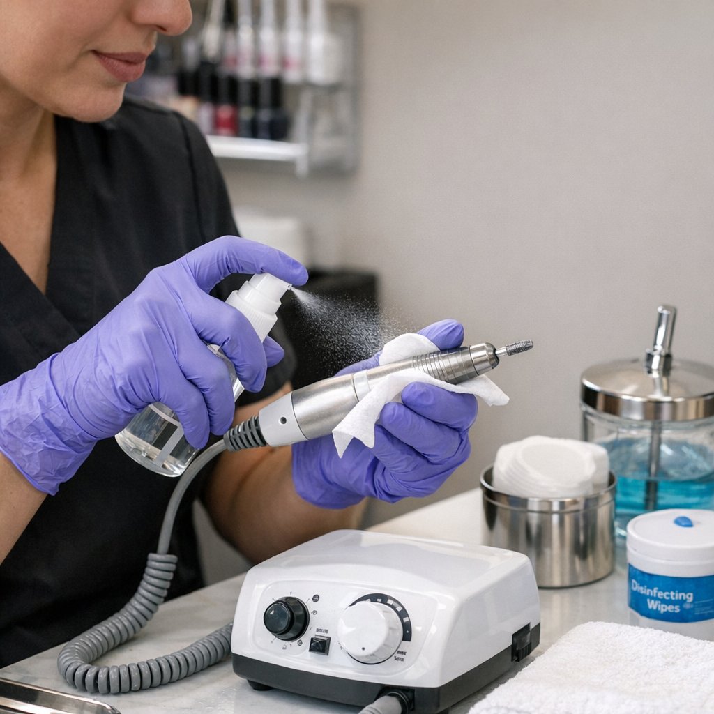 Nail Technician sanitizing a professional nail drill bit in a salon setting