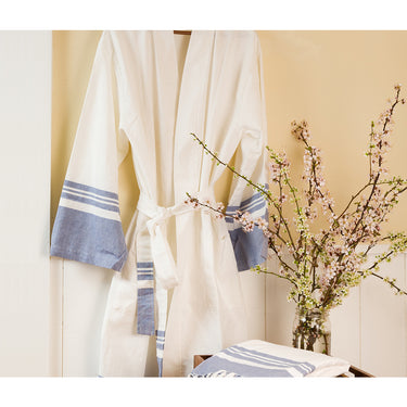 Lightweight Classic Peshtemal Kimono Bathrobe / White With Navy Striping by The Turkish Towel Company