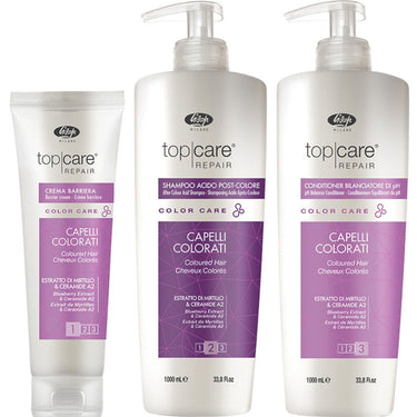 Lisap Color Care Trio - (1) Lisap Color Care After Color Acid Shampoo (33.8 oz.) + (1) Lisap Color Care pH Balancer Conditioner (33.8 oz.) + (1) Lisap Color Care Barrier Cream (5.0 oz.)