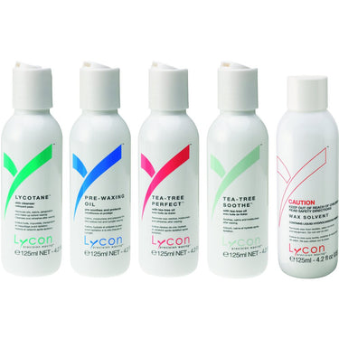 Lycon PrePost Waxing Kit - Kit Contains Lycotane 4.2 oz. + Pre-Waxing Oil 4.2 oz. + Tea-Tree Soothe 4.2 oz. + Tea-Tree Perfect 4.2 oz. + Wax Solvent 4.2 oz.