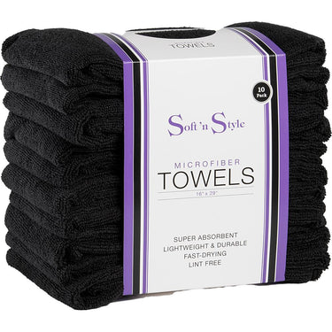 Microfiber Towels, 16" x 29" - Black / 10 Pack by Soft 'N Style