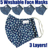 NanoSilver Face Masks - Washable Reusable 3-Ply Antibacterial Knitted Fabric - Rewashable up to 31X / Pack of 5 Masks - Floral Pattern