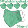 NanoSilver Face Masks - Washable Reusable 3-Ply Antibacterial Knitted Fabric - Rewashable up to 31X / Pack of 5 Masks - Mint Green