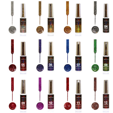 NuRevolution Gel Liner Glitter Set - Soak Off Gel Polish and Gel Liner Brush - Nail Art / 12 colors - 8 mL. Each