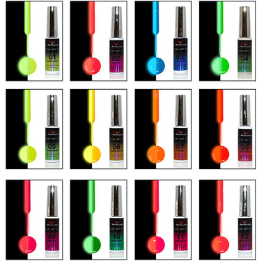 NuRevolution Gel Liner Glow Set - Soak Off Gel Polish and Gel Liner Brush - Nail Art / 12 colors - 8 mL. Each