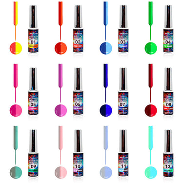 NuRevolution Gel Liner Temperature Switch Set - Soak Off Gel Polish and Gel Liner Brush - Nail Art / 12 colors - 8 mL. Each