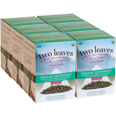Organic Peppermint Tea - Whole Leaf Herbal Tea Sachets / Case of 6 Boxes of 15 Sachets = 90 Sachets Total by Two Leaves And A Bud