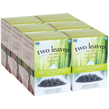 Organic Tamayokucha Tea - Whole Leaf Green Tea Sachets / Case of 6 Boxes of 15 Sachets = 90 Sachets Total by Two Leaves And A Bud