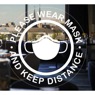 Please Wear Mask and Keep Distance Window, Door, Smooth Surface Stickers - 10" x 10" Each / 5 Pack
