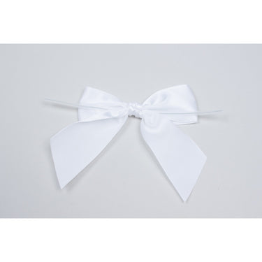 Pre-Tied Satin Bows With Wire Twist - White Satin - 4"W x 3-1/4 Bow  / Case of 10 Tins