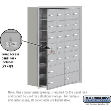 Recessed Mounted Cell Phone Storage Locker with 20 A Doors (19 usable) 4 B Doors in Aluminum - Keyed Locks by Salsbury – Aluminum – Keyed Locks by Salsbury (view 2)