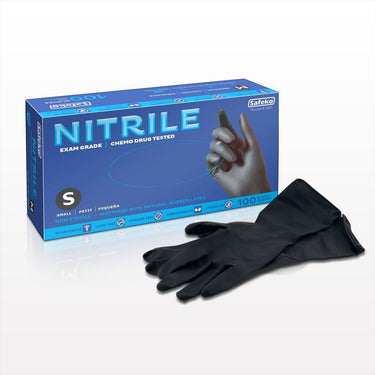 Safeko Exam Grade Nitrile Gloves - Powder-Free - Latex-Free - Black - SMALL / 1 Case = 10 Boxes of 100 = 1,000 Gloves