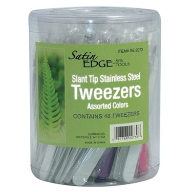 Satin Edge Slant Tip Tweezers In A Container / 3 Colors / 48/Count