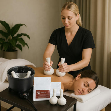 Sa-Wan Herbal Poultice Ball Kit - Thai Herbal Poultice Body Therapy / 6 Herbal Body Poultice Balls + Steaming Unit + Training DVD and Manual