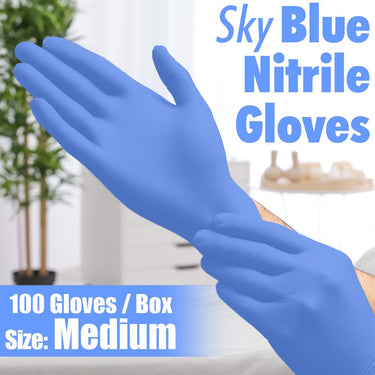 Sky Blue Nitrile Gloves / Powder-Free Non-Sterile Nitrile Gloves / Size Medium / 100 per Box