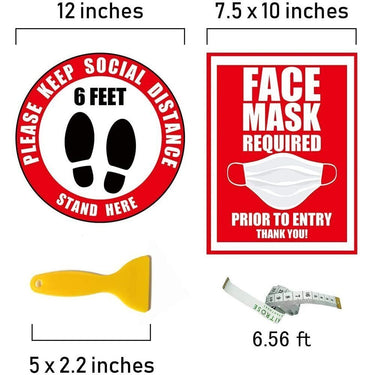 Social Distancing Bundle / (10) 12" Round Removable Floor Decal Stickers - Red + (2) Window Signs - Red + (1) Tape Measure + (1) Scraper