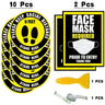 Social Distancing Bundle / (10) 12" Round Removable Floor Decal Stickers - Yellow + (2) Window Signs - Yellow + (1) Tape Measure + (1) Scraper
