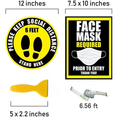 Social Distancing Bundle / (10) 12" Round Removable Floor Decal Stickers - Yellow + (2) Window Signs - Yellow + (1) Tape Measure + (1) Scraper