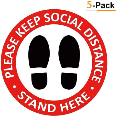 Social Distancing Floor Decals - 12" Round Vinyl Removable Stickers - Safety Floor Signs - Please Keep 6 Feet Apart Decal - Waterproof Adhesive Anti-Slip Lamination Easy to Clean - Red / 5 Pack