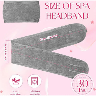 Spa Facial Soft Polyester Stretch Headbands with Adjustable Hook & Loop Closure / 30 Pack - Grey