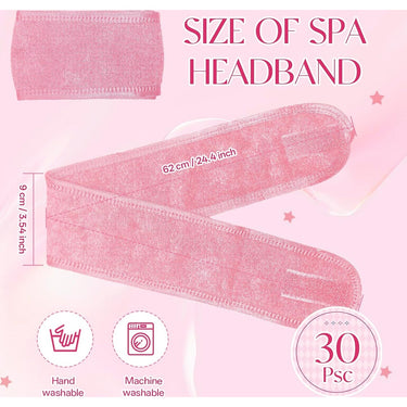 Spa Facial Soft Polyester Stretch Headbands with Adjustable Hook & Loop Closure / 30 Pack - Pink