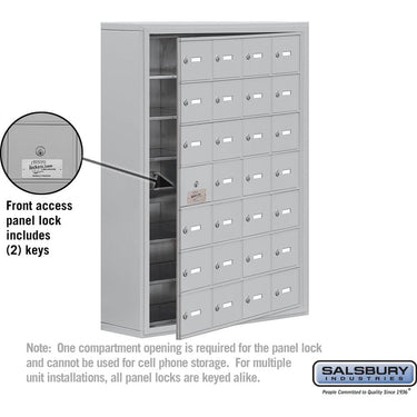 Surface Mounted Cell Phone Storage Locker with 28 A Doors (27 usable) in Aluminum - Keyed Locks by Salsbury – Aluminum – Keyed Locks by Salsbury (view 2)