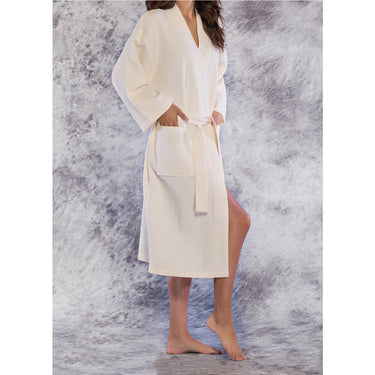 Unisex Square Pattern Waffle Kimono Robe - Long Length | Color: Beige | Material: 65% Natural Cotton 35% Polyester | Available Sizes: Small/Medium, One Size Fits Most, XX-Large by SUMMA