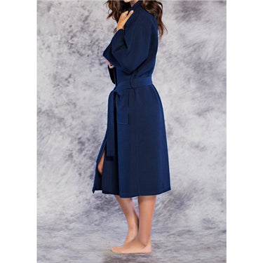 Unisex Square Pattern Waffle Kimono Robe - Long Length | Color: Navy Blue | Material: 65% Natural Cotton 35% Polyester | Available Sizes: Small/Medium, One Size Fits Most, XX-Large by SUMMA