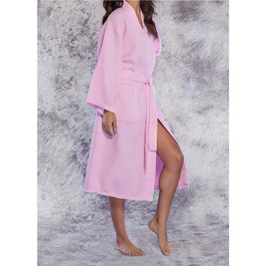 Unisex Square Pattern Waffle Kimono Robe - Long Length | Color: Pink | Material: 65% Natural Cotton 35% Polyester | Available Sizes: Small/Medium, One Size Fits Most, XX-Large by SUMMA