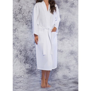 Unisex Square Pattern Waffle Kimono Robe - Long Length | Color: White | Material: 65% Natural Cotton 35% Polyester | Available Sizes: Small/Medium, One Size Fits Most, XX-Large by SUMMA