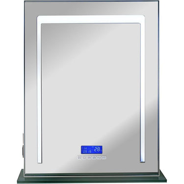 White Frameless 3 Temp LED Light Touch Sensor Metal Body And Glass Base Hollywood Vanity Mirror With Bluetooth, USB, Speakers And Digital Display by TruCase
