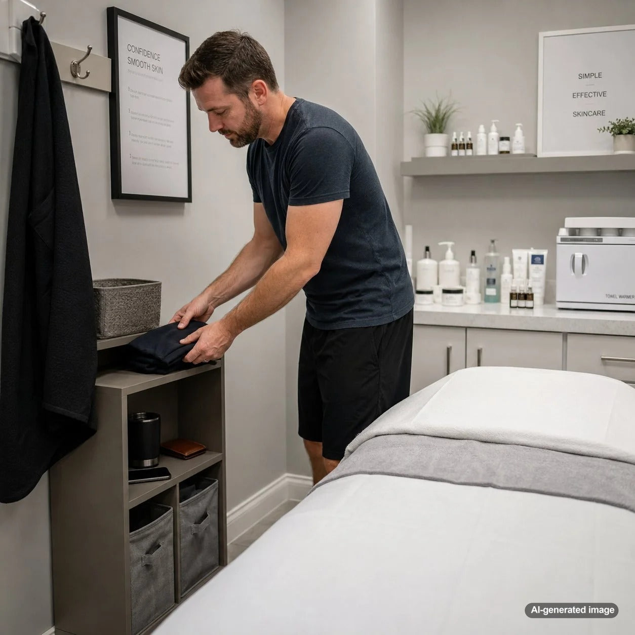 Client clothing and personal items neatly organized in a locker and on a shelf in a professional waxing studio, creating a clutter-free and relaxing environment.