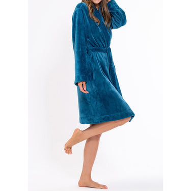 Woman's Super Soft Lightweight Plush Shawl Robe | Short Length | Material: 100% Polyester Warm Fleece | Color: Harbor Blue | Available Sizes: S, M, L, XL, XXL by SUMMA