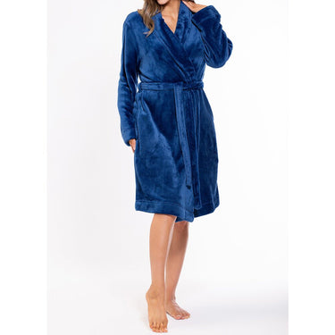 Woman's Super Soft Lightweight Plush Shawl Robe | Short Length | Material: 100% Polyester Warm Fleece | Color: Navy Blue | Available Sizes: S, M, L, XL, XXL by SUMMA