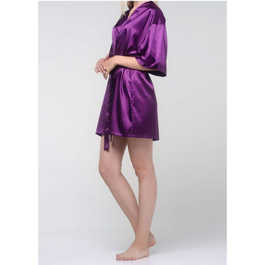 Women's Satin Kimono Short Robe | Color: Purple | Material: 95% Polyester 5% Spandex | Available Sizes: Small/Medium, Large, XX-Large by SUMMA