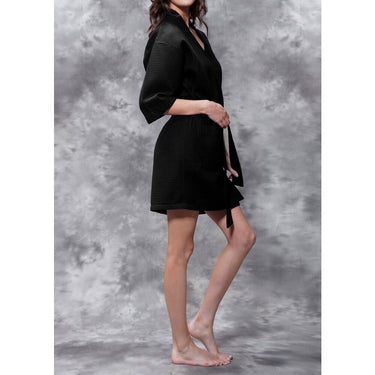Women's Square Pattern Waffle Kimono Robe - Short Length | Color: Black | Material: 65% Natural Cotton 35% Polyester | Available Sizes: Small/Medium, Large, XX-Large by SUMMA