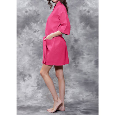Women's Square Pattern Waffle Kimono Robe - Short Length | Color: Fuchsia | Material: 65% Natural Cotton 35% Polyester | Available Sizes: Small/Medium, Large, XX-Large by SUMMA