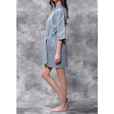 Women's Square Pattern Waffle Kimono Robe - Short Length | Color: Gray | Material: 65% Natural Cotton 35% Polyester | Available Sizes: Small/Medium, Large, XX-Large by SUMMA