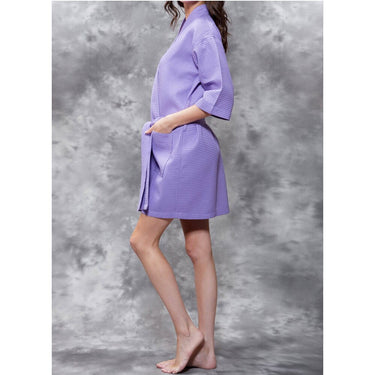 Women's Square Pattern Waffle Kimono Robe - Short Length | Color: Lavender | Material: 65% Natural Cotton 35% Polyester | Available Sizes: Small/Medium, Large, XX-Large by SUMMA