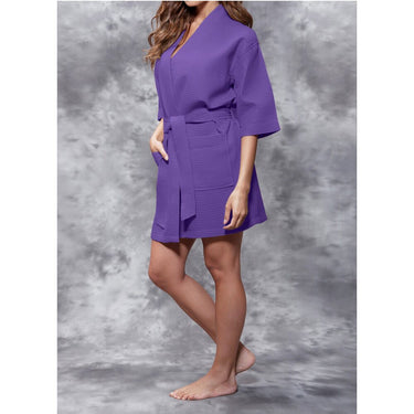 Women's Square Pattern Waffle Kimono Robe - Short Length | Color: Purple | Material: 65% Natural Cotton 35% Polyester | Available Sizes: Small/Medium, Large, XX-Large by SUMMA