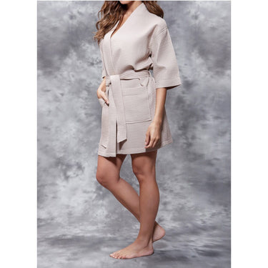 Women's Square Pattern Waffle Kimono Robe - Short Length | Color: Taupe | Material: 65% Natural Cotton 35% Polyester | Available Sizes: Small/Medium, Large, XX-Large by SUMMA