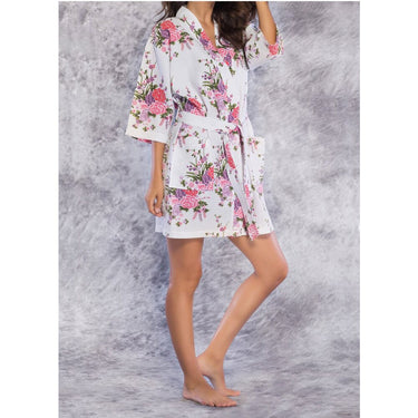 Women's Square Pattern Waffle Kimono Robe - Short Length | Color: White Floral | Material: 65% Natural Cotton 35% Polyester | Available Sizes: Small/Medium, Large, XX-Large by SUMMA