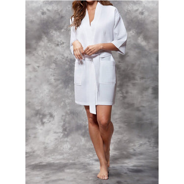 Women's Square Pattern Waffle Kimono Robe - Short Length | Color: White | Material: 65% Natural Cotton 35% Polyester | Available Sizes: Small/Medium, Large, XX-Large by SUMMA